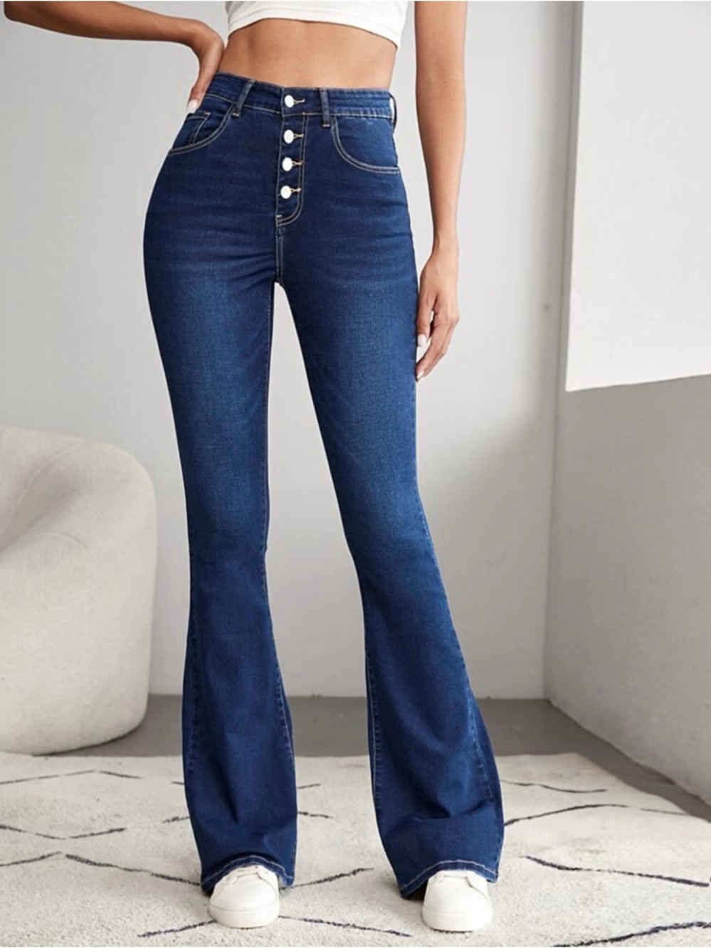 SHEIN Dark Blue High-Rise Flare Jeans